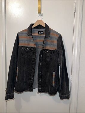 Roxy Washed Black Denim Jacket with Multicolor Striped Yoke